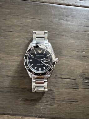 Emporio Armani Silver Stainless Steel Watch with Black Dial new battery